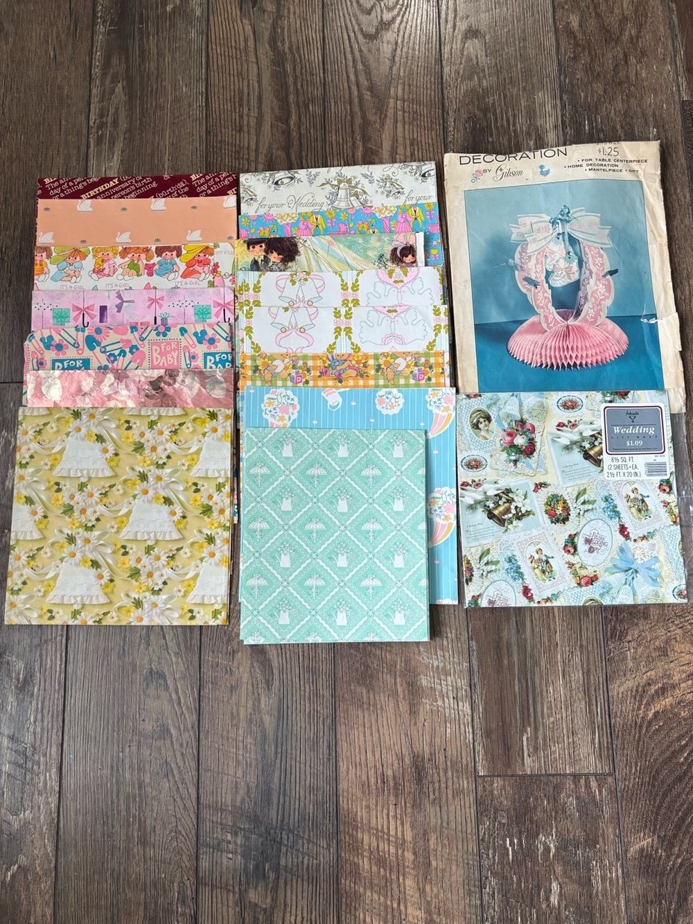 Lot Vintage Gift Wrap Paper Some Full Sheets Asst Sizes & One Baby Shower Decor
